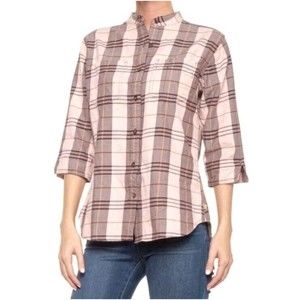 Carhartt Womens Button Up Top Medium Pink Plaid 3/4 Sleeve Shirt Flannel